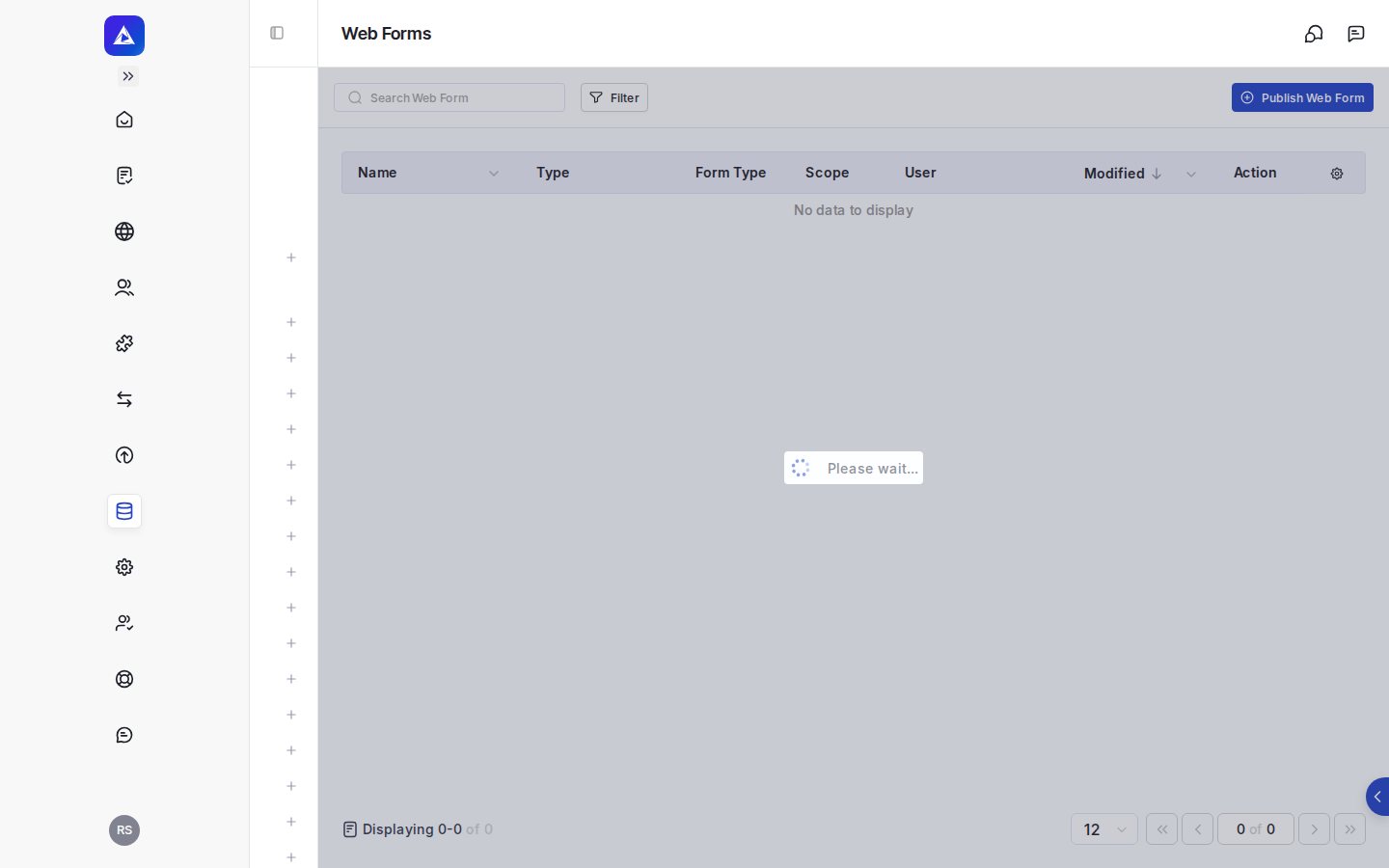 The web form creation screen, where you define the form's name, type, and the URL of the custom page to embed.