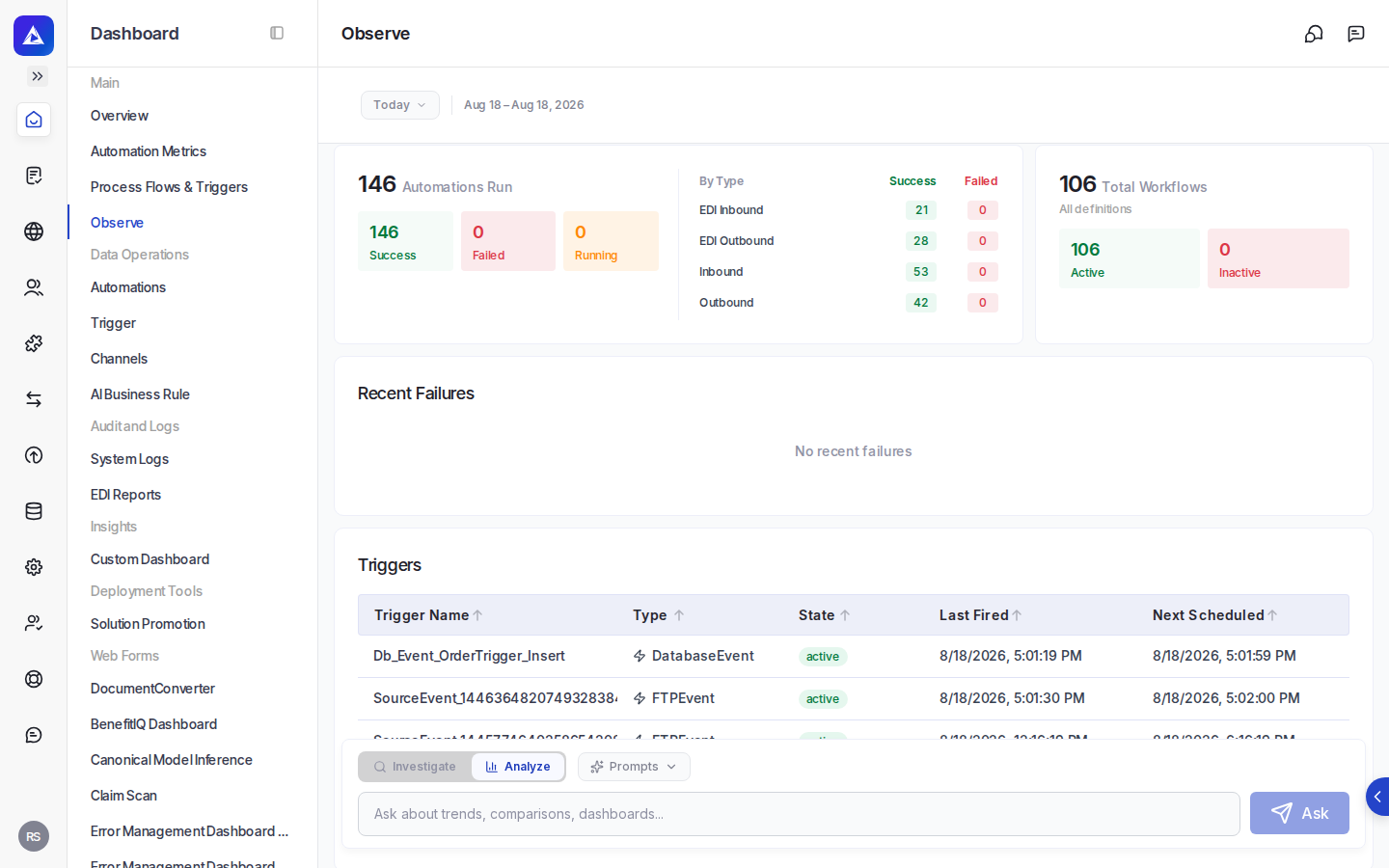The execution history view lets you filter and search across all integration runs.